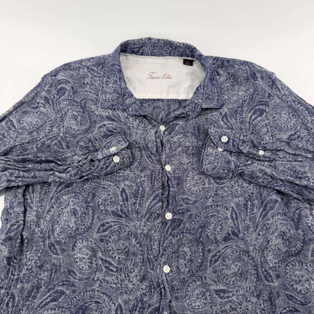 Tasso Elba Linen Paisley Button Down Shirt Blue Long Sleeve Mens Large L